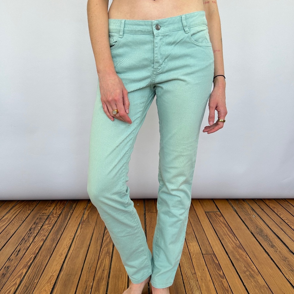 French jeans in seafoam green